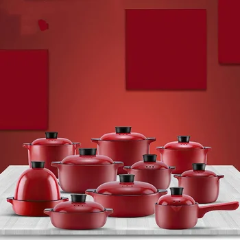 1 шт. Керамическая кастрюля для запекания в китайском стиле, красная, круглая, объемом 1,4-5,5 л, для приготовления супа разных размеров, принадлежности для домашней кухни, кастрюля-сковорода